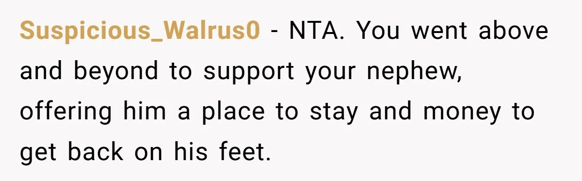 Suspicious_Walrus0 − NTA. You went above and beyond to support your nephew, offering him a place to stay and money to get back on his feet.