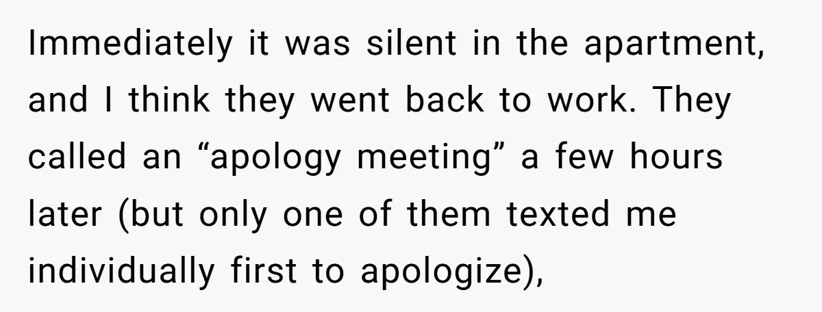 Immediately it was silent in the apartment, and I think they went back to work. They called an “apology meeting” a few hours later (but only one of them texted...