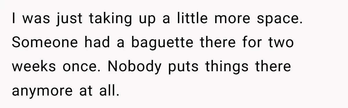 I was just taking up a little more space. Someone had a baguette there for two weeks once. Nobody puts things there anymore at all.