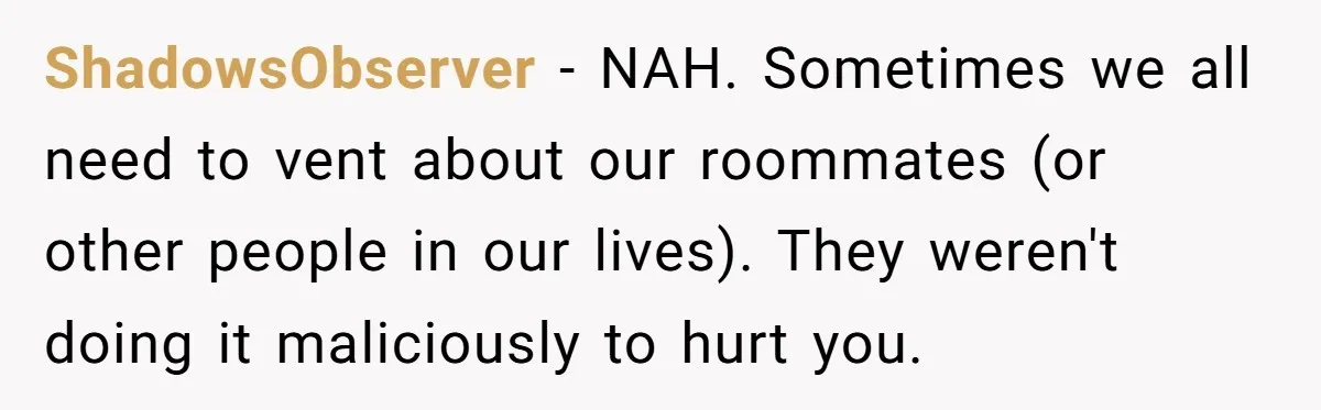 ShadowsObserver − NAH. Sometimes we all need to vent about our roommates (or other people in our lives). They weren't doing it maliciously to hurt you.