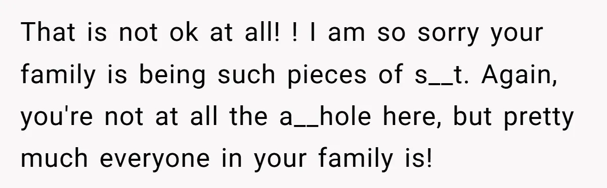 That is not ok at all! ! I am so sorry your family is being such pieces of s__t. Again, you're not at all the a__hole here, but pretty much...