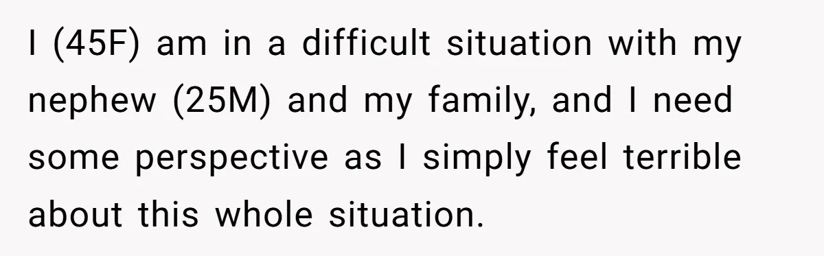 I (45F) am in a difficult situation with my nephew (25M) and my family, and I need some perspective as I simply feel terrible about this whole situation.