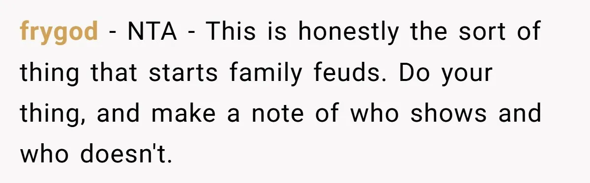 frygod − NTA - This is honestly the sort of thing that starts family feuds. Do your thing, and make a note of who shows and who doesn't.