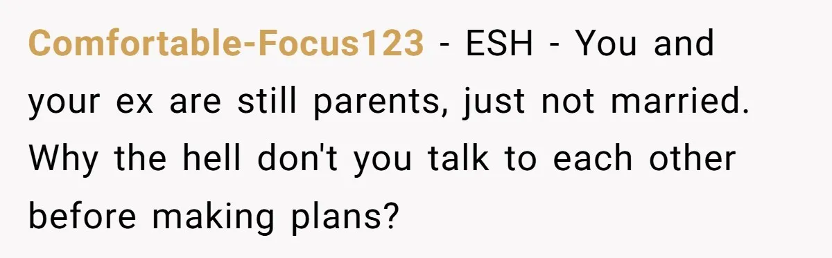 Comfortable-Focus123 − ESH - You and your ex are still parents, just not married. Why the hell don't you talk to each other before making plans?