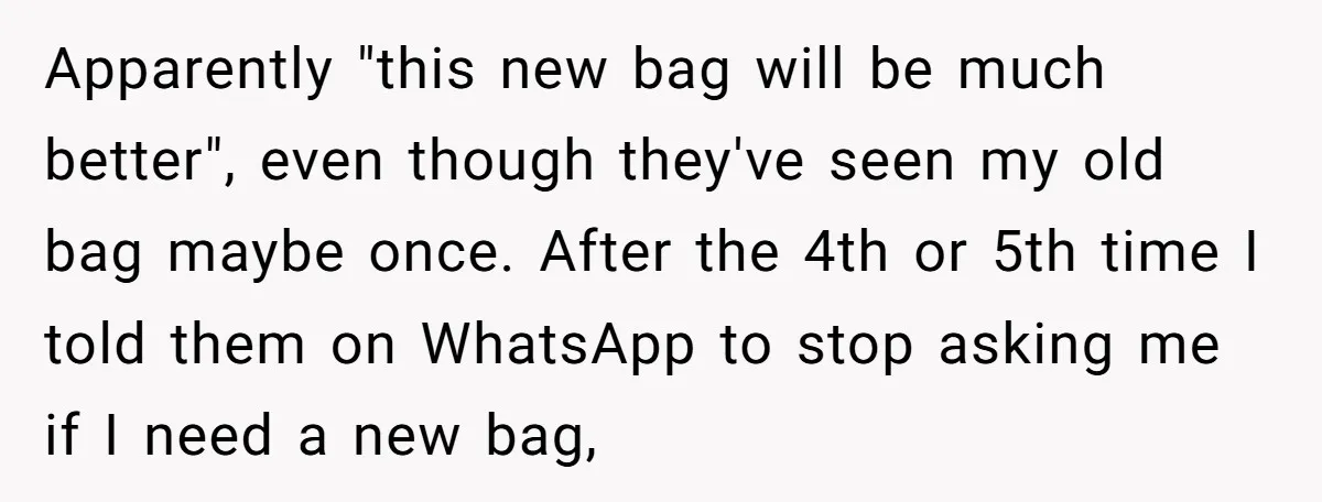 Apparently "this new bag will be much better", even though they've seen my old bag maybe once. After the 4th or 5th time I told them on WhatsApp to stop...