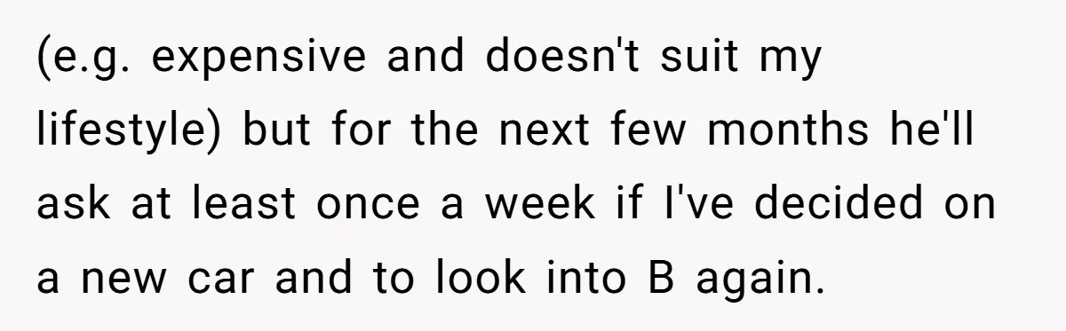 (e.g. expensive and doesn't suit my lifestyle) but for the next few months he'll ask at least once a week if I've decided on a new car and to look...
