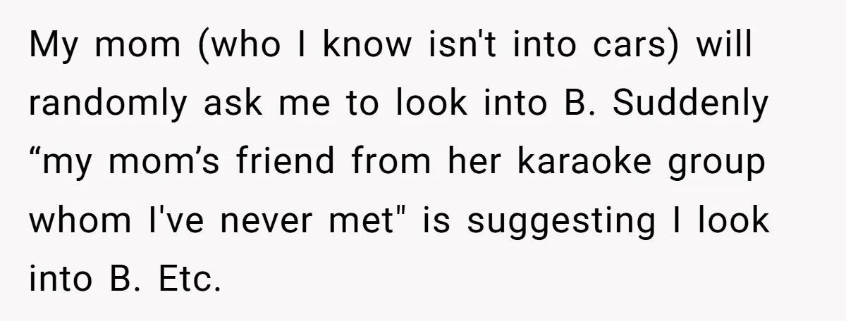 My mom (who I know isn't into cars) will randomly ask me to look into B. Suddenly “my mom’s friend from her karaoke group whom I've never met" is suggesting...