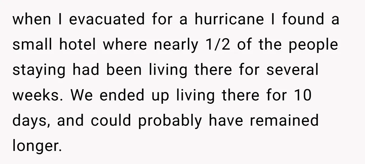 when I evacuated for a hurricane I found a small hotel where nearly 1/2 of the people staying had been living there for several weeks. We ended up living there...