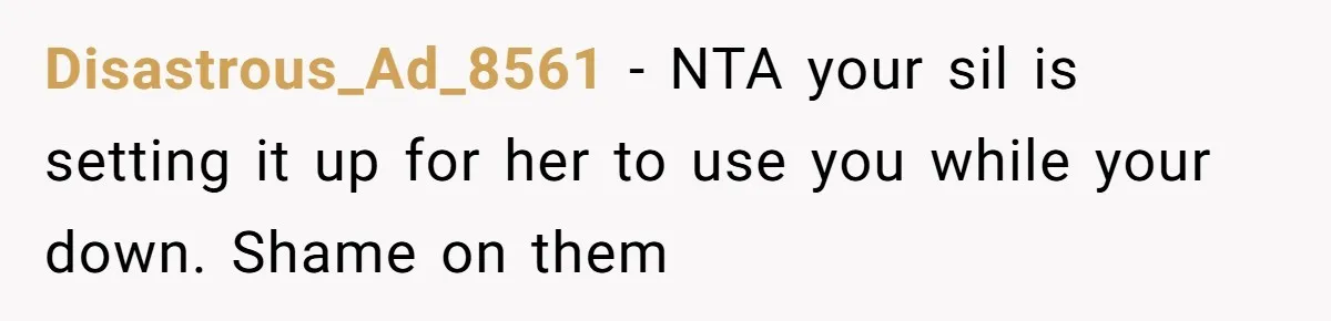 Disastrous_Ad_8561 − NTA your sil is setting it up for her to use you while your down. Shame on them