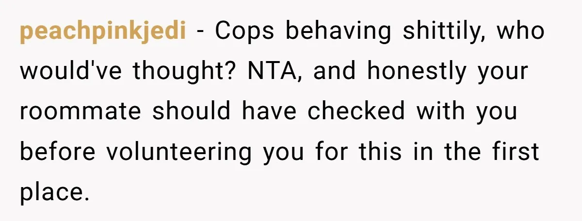 peachpinkjedi − Cops behaving shittily, who would've thought? NTA, and honestly your roommate should have checked with you before volunteering you for this in the first place.