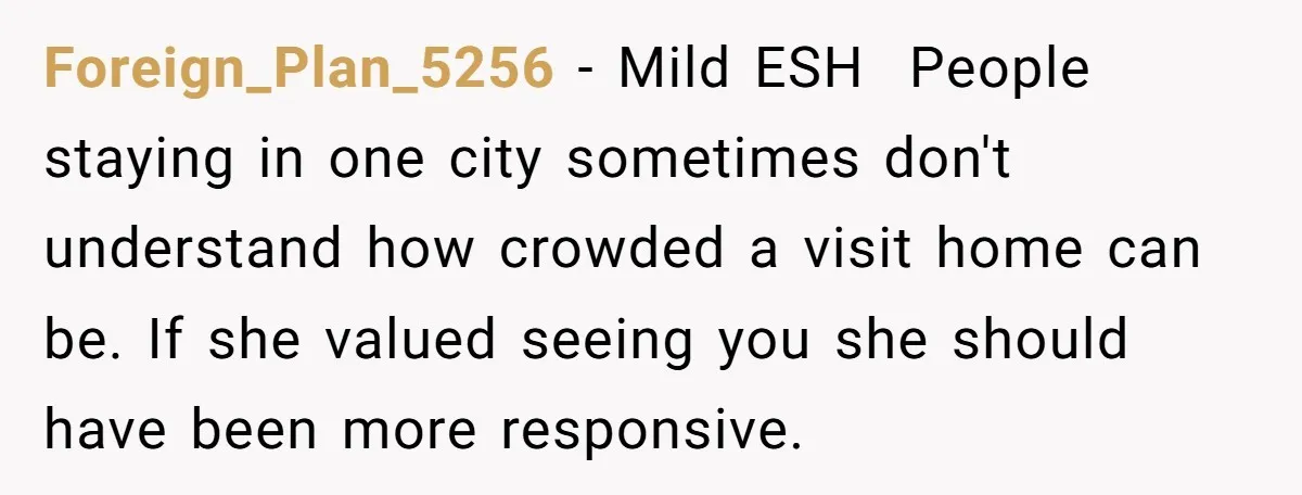Foreign_Plan_5256 − Mild ESH People staying in one city sometimes don't understand how crowded a visit home can be. If she valued seeing you she should have been more responsive.