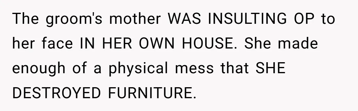 The groom's mother WAS INSULTING OP to her face IN HER OWN HOUSE. She made enough of a physical mess that SHE DESTROYED FURNITURE.