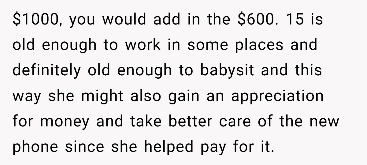 $1000, you would add in the $600. 15 is old enough to work in some places and definitely old enough to babysit and this way she might also gain an...