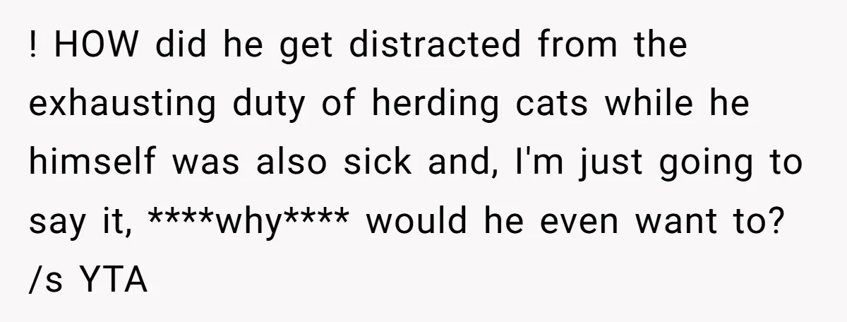 ! HOW did he get distracted from the exhausting duty of herding cats while he himself was also sick and, I'm just going to say it, ****why**** would he even...