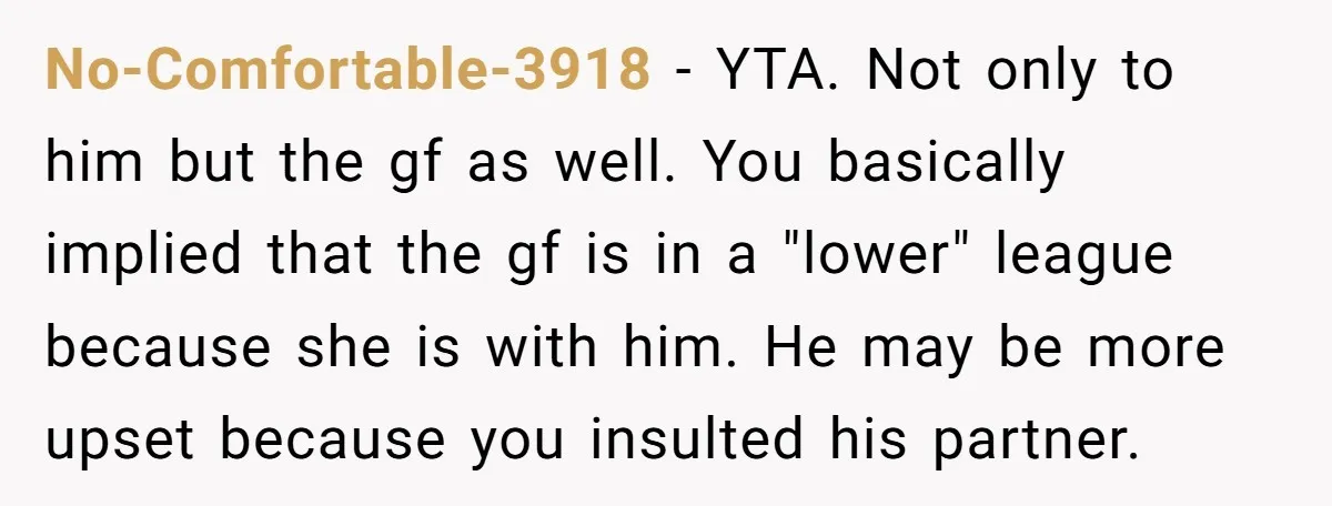 No-Comfortable-3918 − YTA. Not only to him but the gf as well. You basically implied that the gf is in a "lower" league because she is with him. He may...