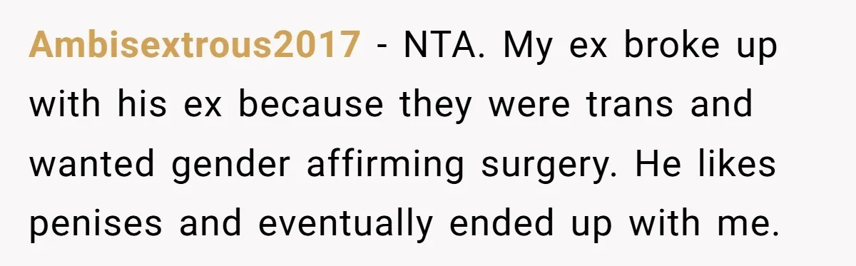 Ambisextrous2017 − NTA. My ex broke up with his ex because they were trans and wanted gender affirming surgery. He likes penises and eventually ended up with me.