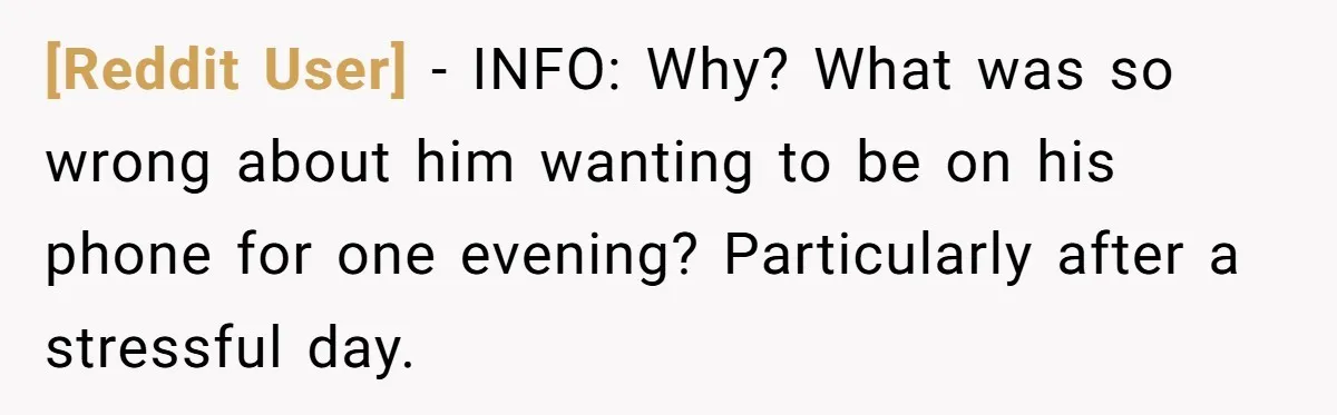 [Reddit User] − INFO: Why? What was so wrong about him wanting to be on his phone for one evening? Particularly after a stressful day.