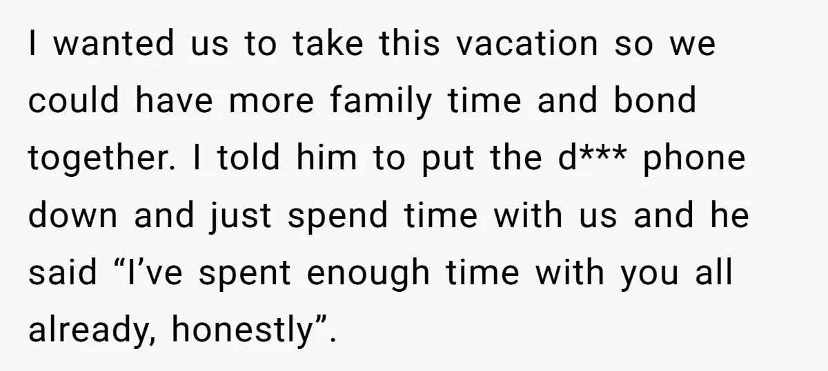 I wanted us to take this vacation so we could have more family time and bond together. I told him to put the d*** phone down and just spend time...
