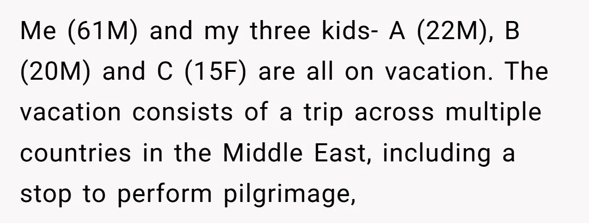 Me (61M) and my three kids- A (22M), B (20M) and C (15F) are all on vacation. The vacation consists of a trip across multiple countries in the Middle East,...