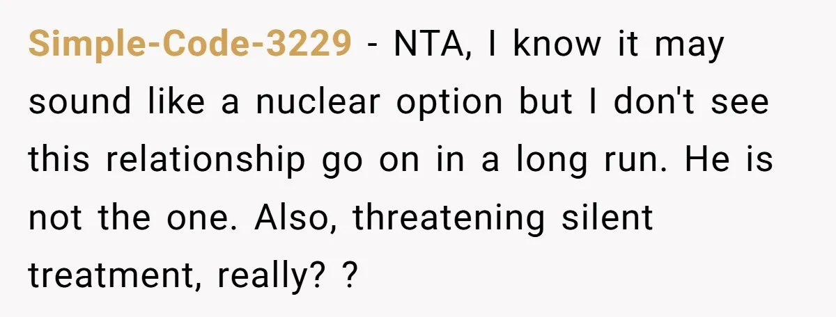 Simple-Code-3229 − NTA, I know it may sound like a nuclear option but I don't see this relationship go on in a long run. He is not the one. Also,...