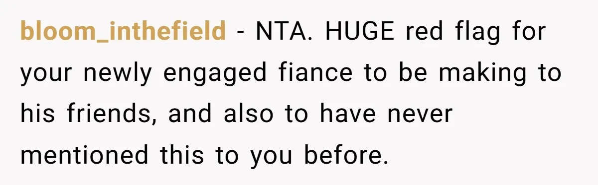 bloom_inthefield − NTA. HUGE red flag for your newly engaged fiance to be making to his friends, and also to have never mentioned this to you before.