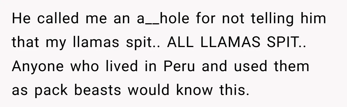 He called me an a__hole for not telling him that my llamas spit.. ALL LLAMAS SPIT.. Anyone who lived in Peru and used them as pack beasts would know this.