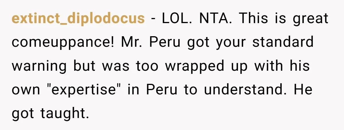 extinct_diplodocus − LOL. NTA. This is great comeuppance! Mr. Peru got your standard warning but was too wrapped up with his own "expertise" in Peru to understand. He got taught.