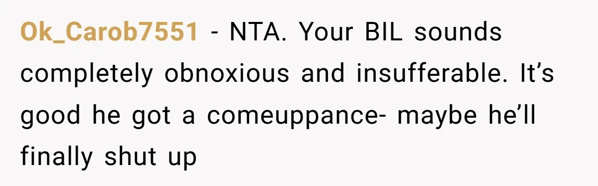 Ok_Carob7551 − NTA. Your BIL sounds completely obnoxious and insufferable. It’s good he got a comeuppance- maybe he’ll finally shut up