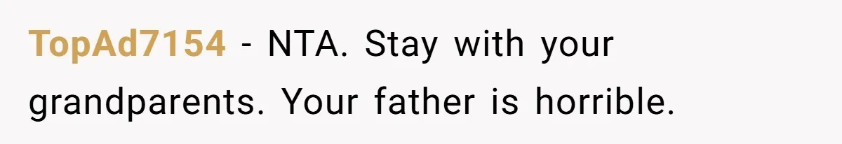 TopAd7154 − NTA. Stay with your grandparents. Your father is horrible.