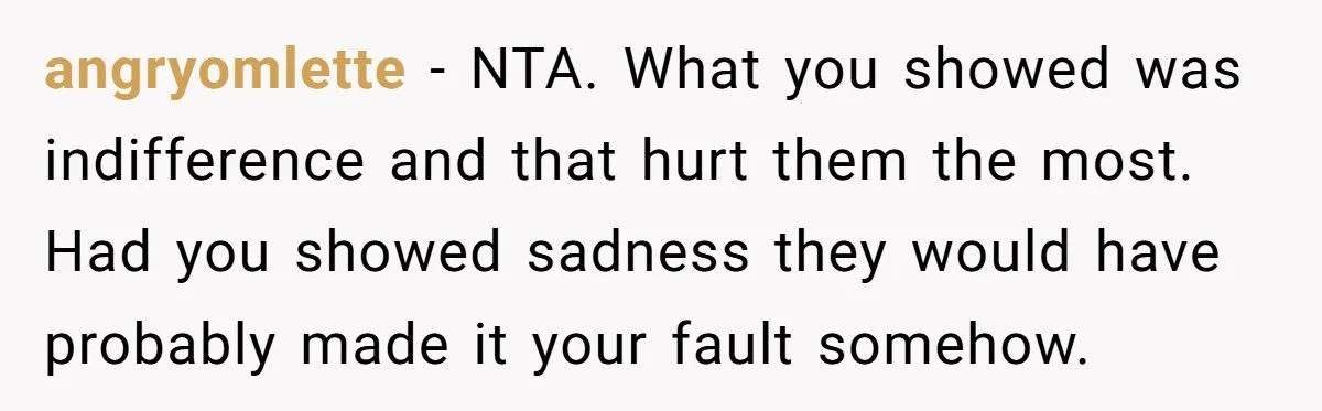 angryomlette − NTA. What you showed was indifference and that hurt them the most. Had you showed sadness they would have probably made it your fault somehow.