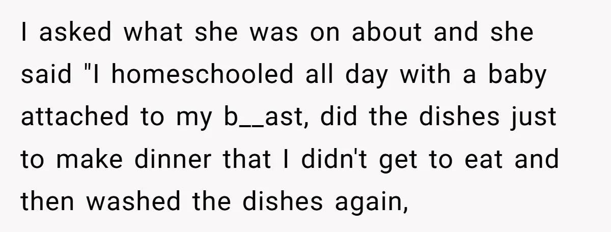 I asked what she was on about and she said "I homeschooled all day with a baby attached to my b__ast, did the dishes just to make dinner that I...