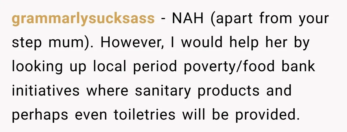 grammarlysucksass − NAH (apart from your step mum). However, I would help her by looking up local period poverty/food bank initiatives where sanitary products and perhaps even toiletries will be...