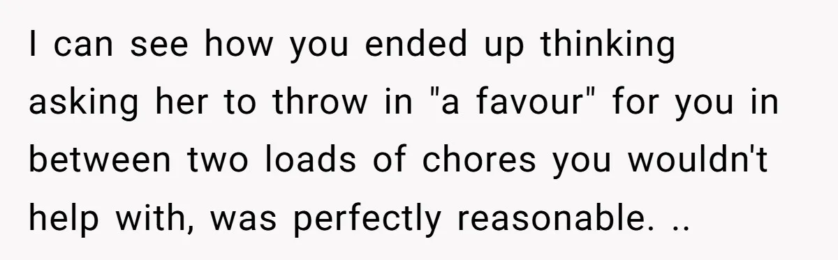 I can see how you ended up thinking asking her to throw in "a favour" for you in between two loads of chores you wouldn't help with, was perfectly reasonable....