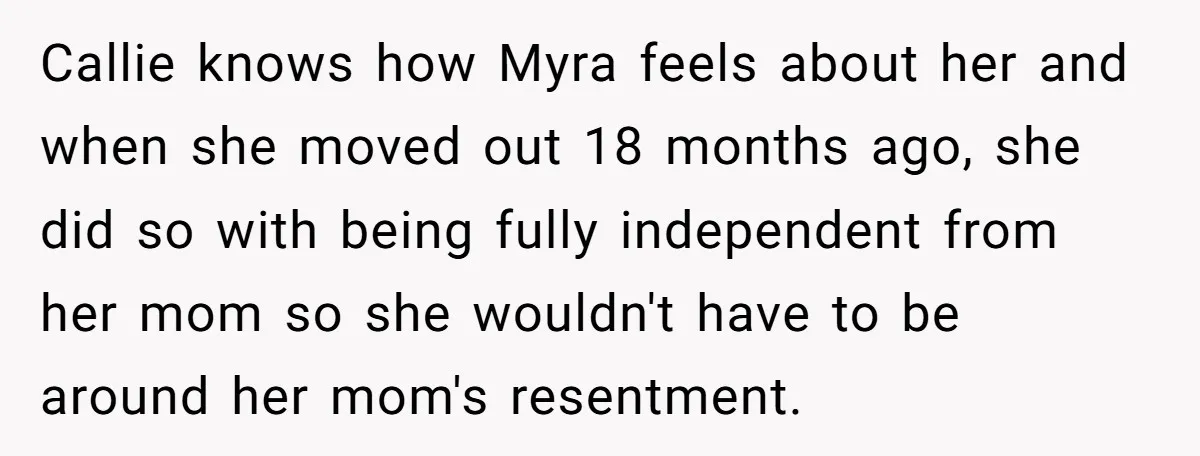 Callie knows how Myra feels about her and when she moved out 18 months ago, she did so with being fully independent from her mom so she wouldn't have to...