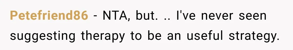 Petefriend86 − NTA, but. .. I've never seen suggesting therapy to be an useful strategy.