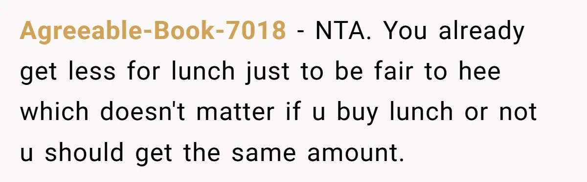 Agreeable-Book-7018 − NTA. You already get less for lunch just to be fair to hee which doesn't matter if u buy lunch or not u should get the same amount.