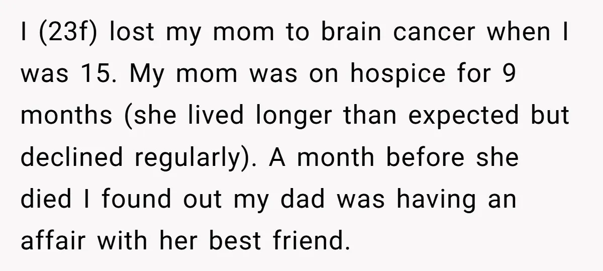 I (23f) lost my mom to brain cancer when I was 15. My mom was on hospice for 9 months (she lived longer than expected but declined regularly). A month...