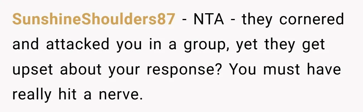 SunshineShoulders87 − NTA - they cornered and attacked you in a group, yet they get upset about your response? You must have really hit a nerve.