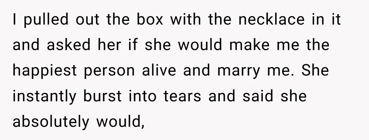 I pulled out the box with the necklace in it and asked her if she would make me the happiest person alive and marry me. She instantly burst into tears...