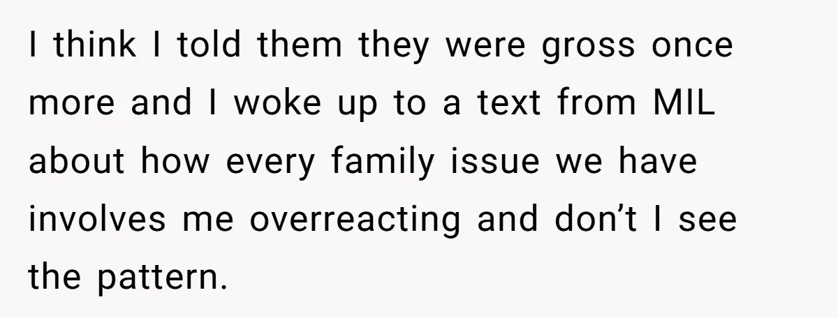 I think I told them they were gross once more and I woke up to a text from MIL about how every family issue we have involves me overreacting and...