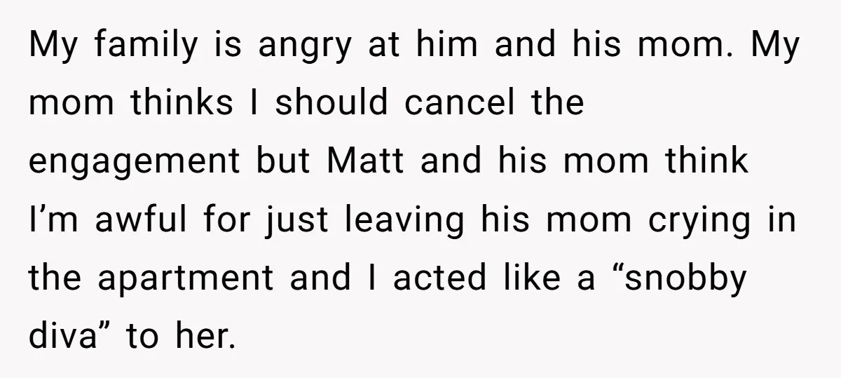 My family is angry at him and his mom. My mom thinks I should cancel the engagement but Matt and his mom think I’m awful for just leaving his mom...