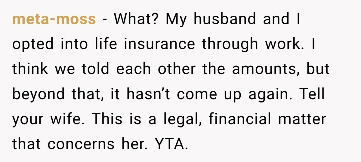 meta-moss − What? My husband and I opted into life insurance through work. I think we told each other the amounts, but beyond that, it hasn’t come up again. Tell...