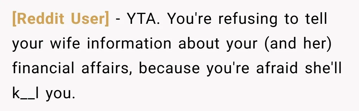 [Reddit User] − YTA. You're refusing to tell your wife information about your (and her) financial affairs, because you're afraid she'll k__l you.