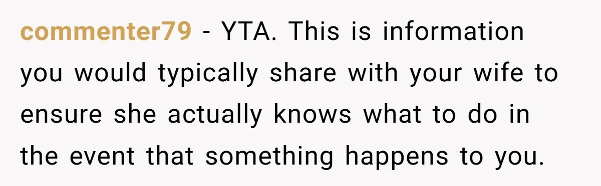 commenter79 − YTA. This is information you would typically share with your wife to ensure she actually knows what to do in the event that something happens to you.