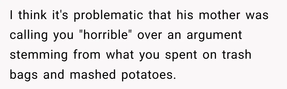 I think it's problematic that his mother was calling you "horrible" over an argument stemming from what you spent on trash bags and mashed potatoes.