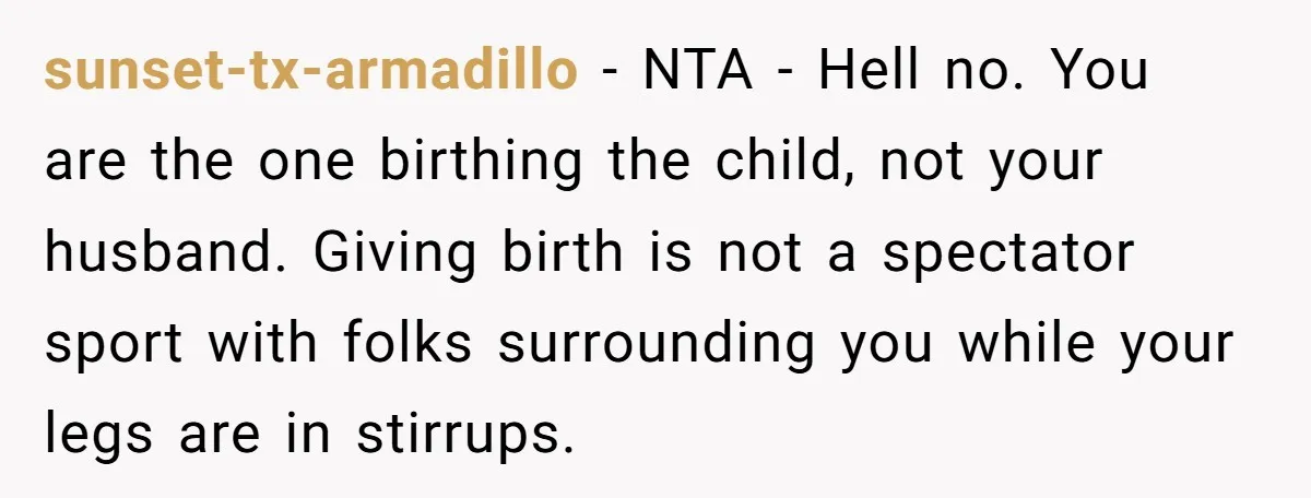 sunset-tx-armadillo − NTA - Hell no. You are the one birthing the child, not your husband. Giving birth is not a spectator sport with folks surrounding you while your legs...
