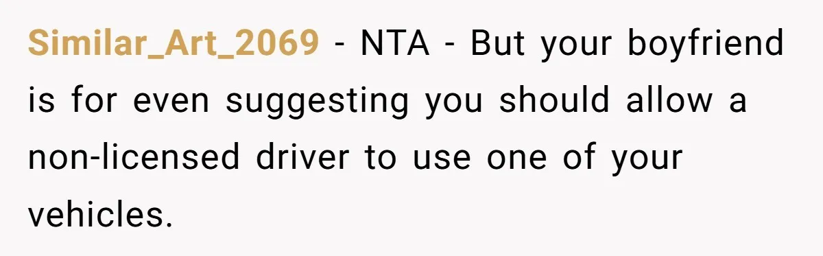 Similar_Art_2069 − NTA - But your boyfriend is for even suggesting you should allow a non-licensed driver to use one of your vehicles.