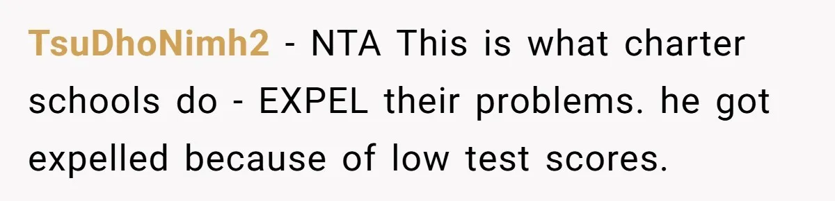 TsuDhoNimh2 − NTA This is what charter schools do - EXPEL their problems. he got expelled because of low test scores.