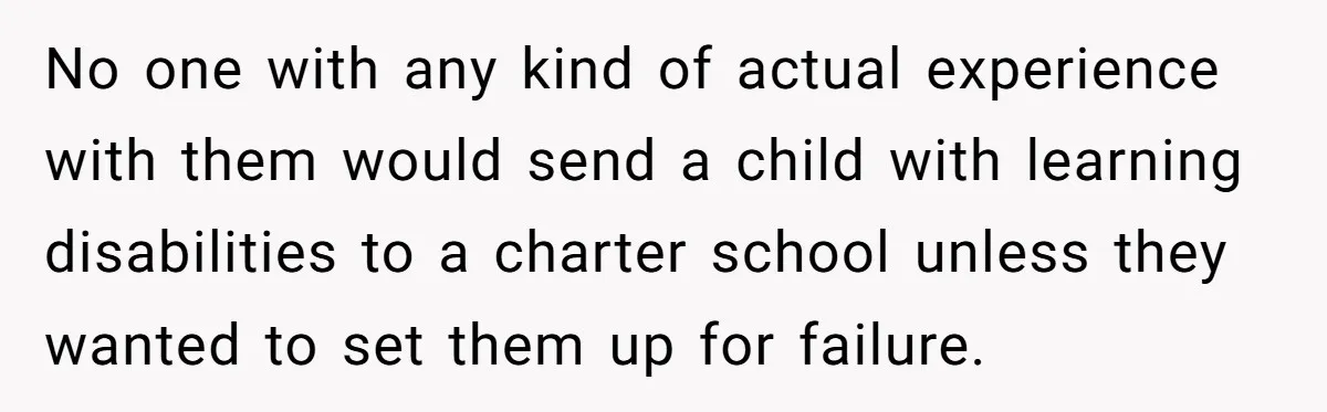No one with any kind of actual experience with them would send a child with learning disabilities to a charter school unless they wanted to set them up for failure.