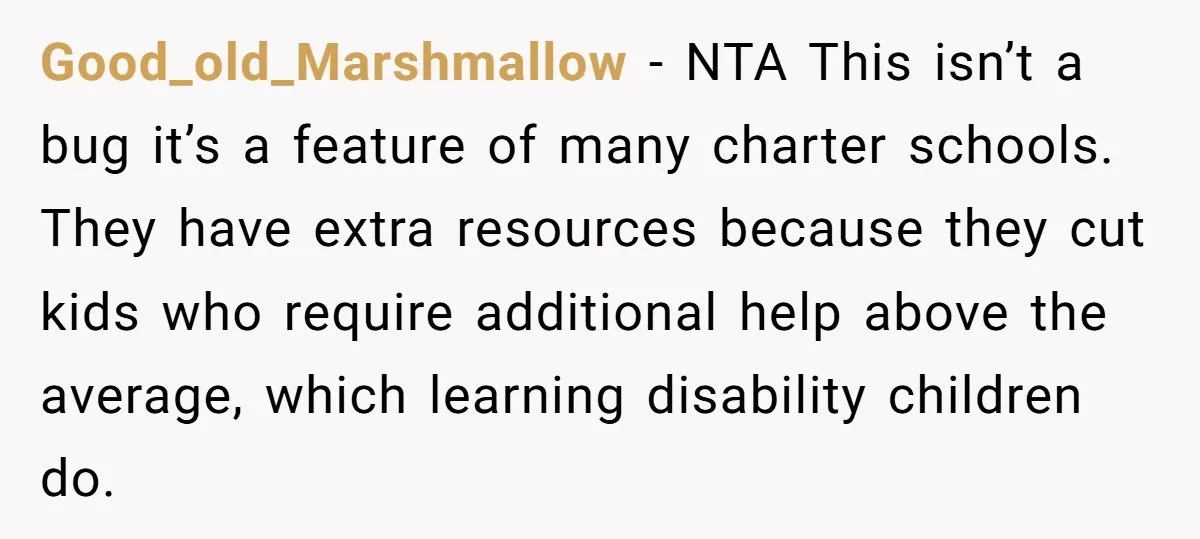 Good_old_Marshmallow − NTA This isn’t a bug it’s a feature of many charter schools. They have extra resources because they cut kids who require additional help above the average, which...